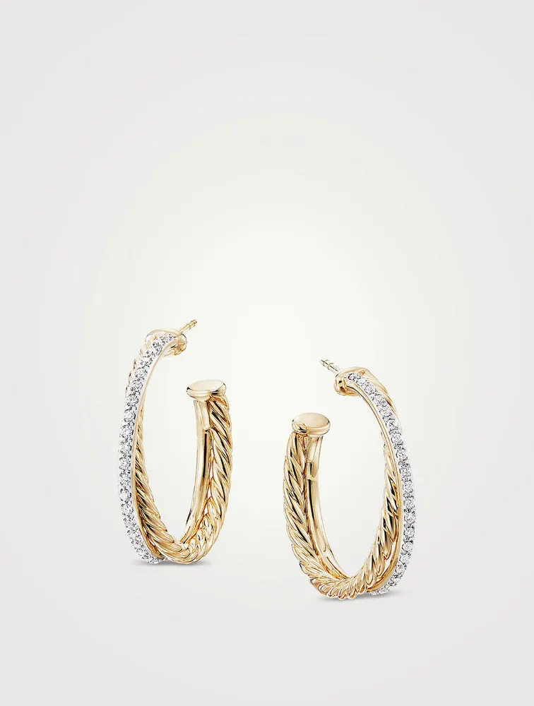 Crossover Hoop Earrings In 18k Gold With Pavé Diamonds