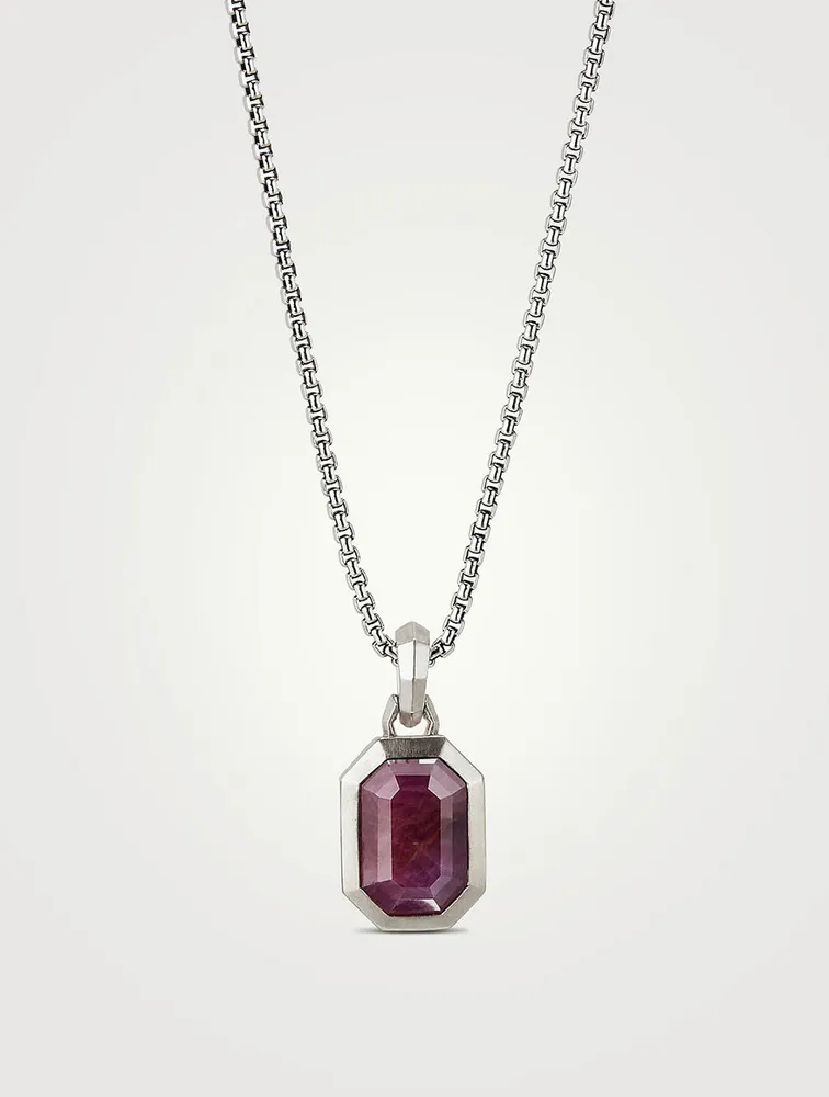 Emerald Cut Amulet In Sterling Silver With Indian Ruby