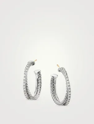 Crossover Hoop Earrings In Sterling Silver With Pavé Diamonds