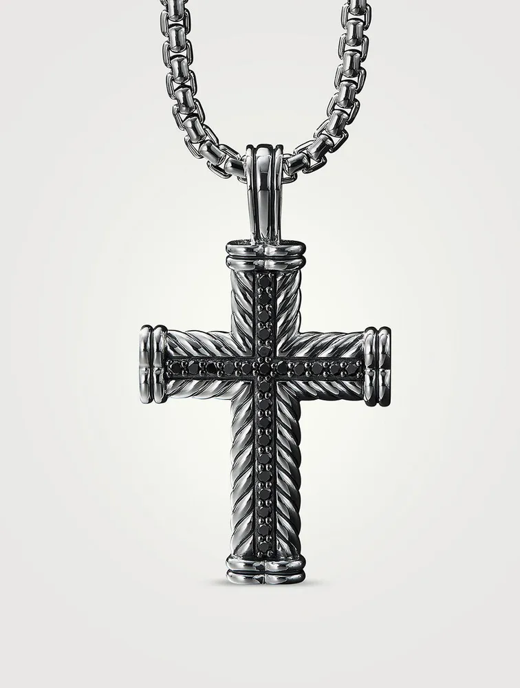 Chevron Cross Pendant In Sterling Silver With Pavé Black Diamonds