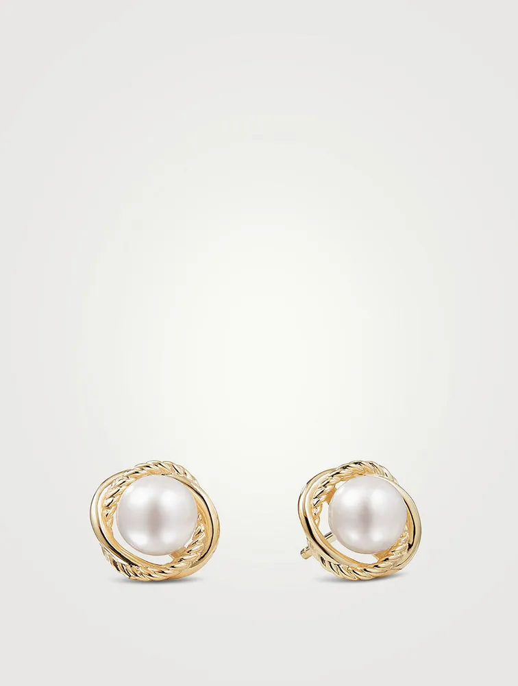 Crossover Infinity Pearl Stud Earrings In 18k Yellow Gold