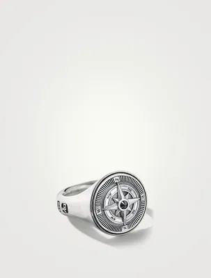 Maritime® Compass Signet Ring Sterling Silver With Center Black Diamond