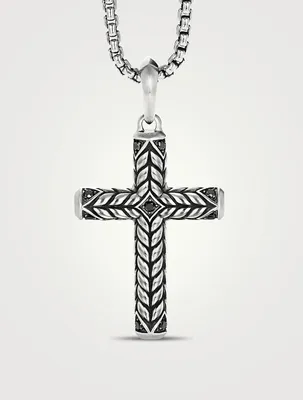 Chevron Sculpted Cross Pendant In Sterling Silver With Pavé Black Diamonds