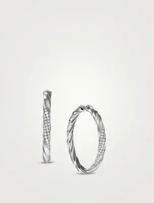 Cable Edge® Hoop Earrings In Sterling Silver With Pavé Diamonds