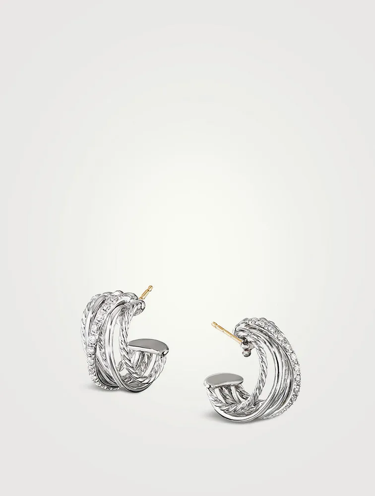 Crossover Shrimp Earrings In Sterling Silver With Pavé Diamonds