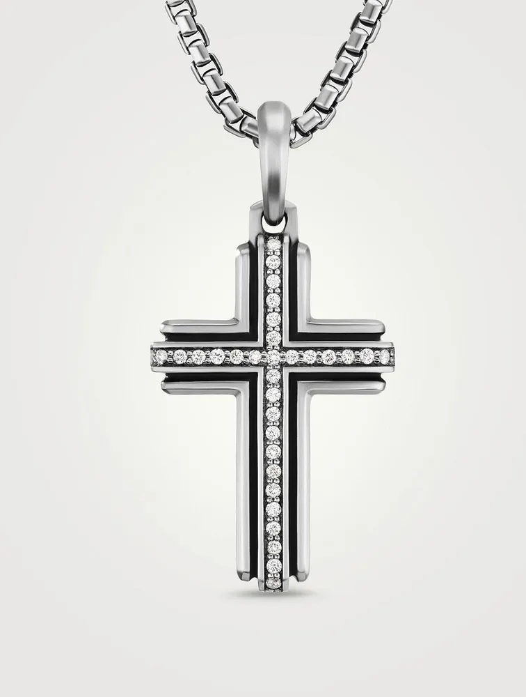 Deco Cross Pendant In Sterling Silver With Pavé Diamonds