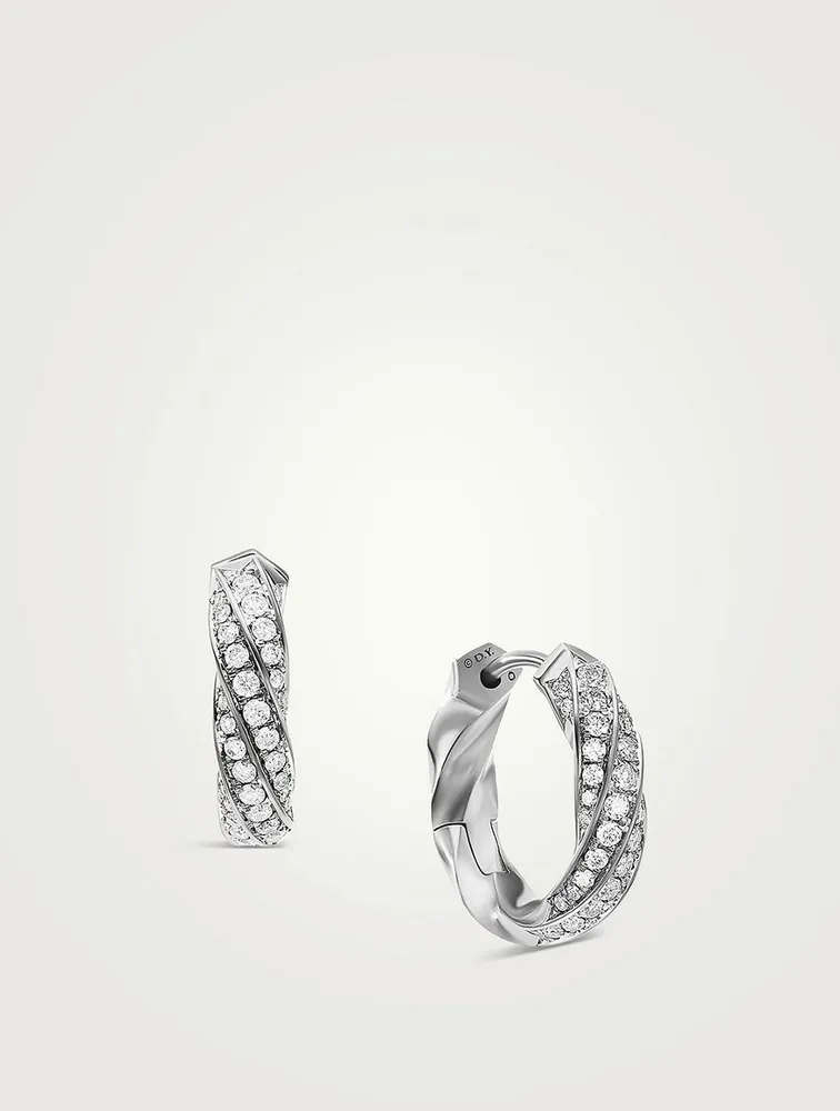 Cable Edge® Huggie Hoop Earrings In Sterling Silver With Pavé Diamonds