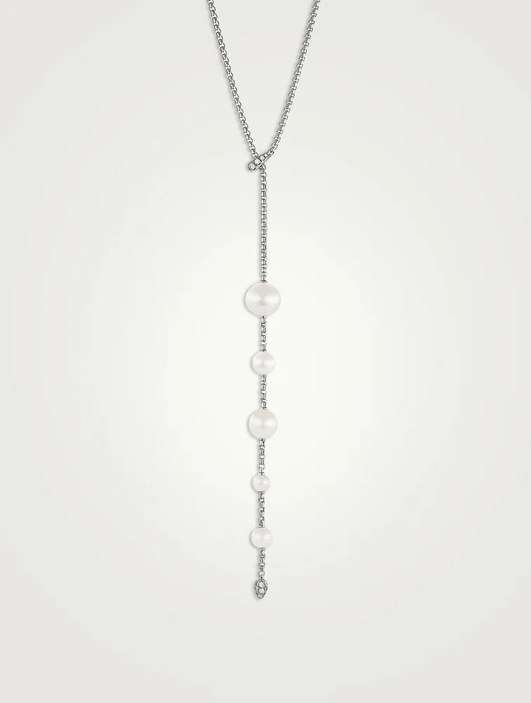 Pearl And Pavé Y Necklace In Sterling Silver With Diamonds