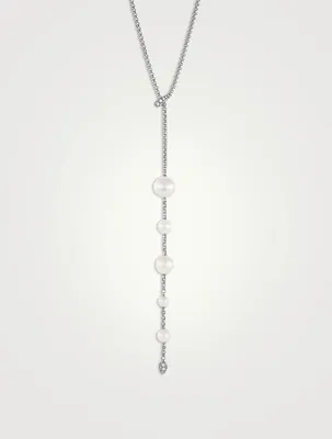 Pearl And Pavé Y Necklace In Sterling Silver With Diamonds