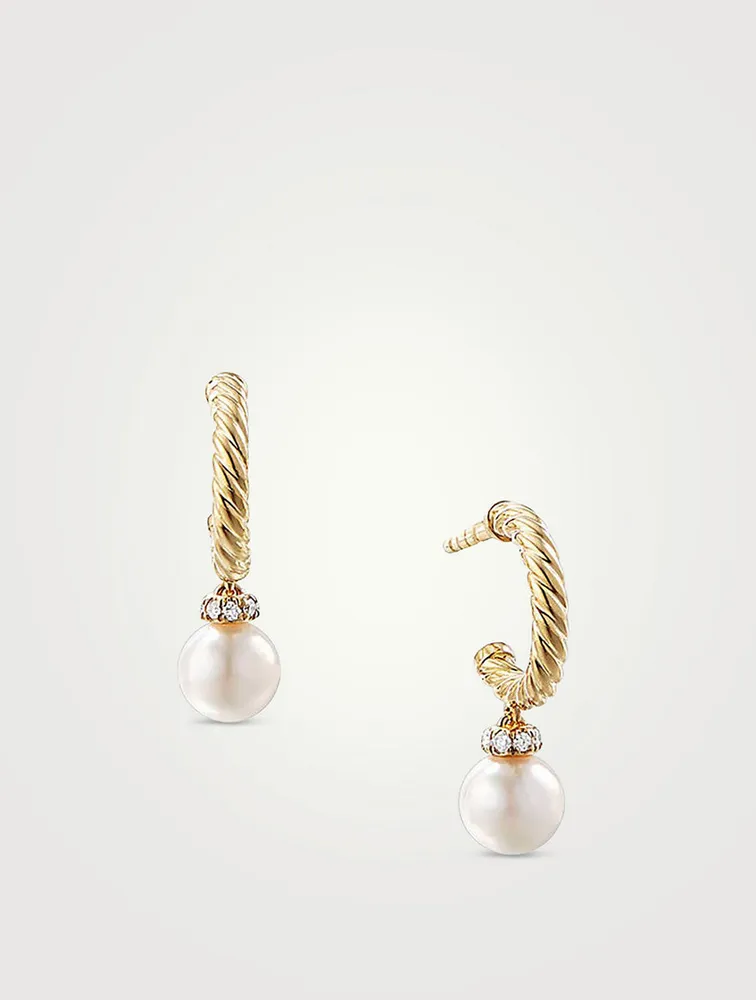 Petite Solari Hoop Drop Earrings In 18k Gold With Pearls And Pavé Diamonds