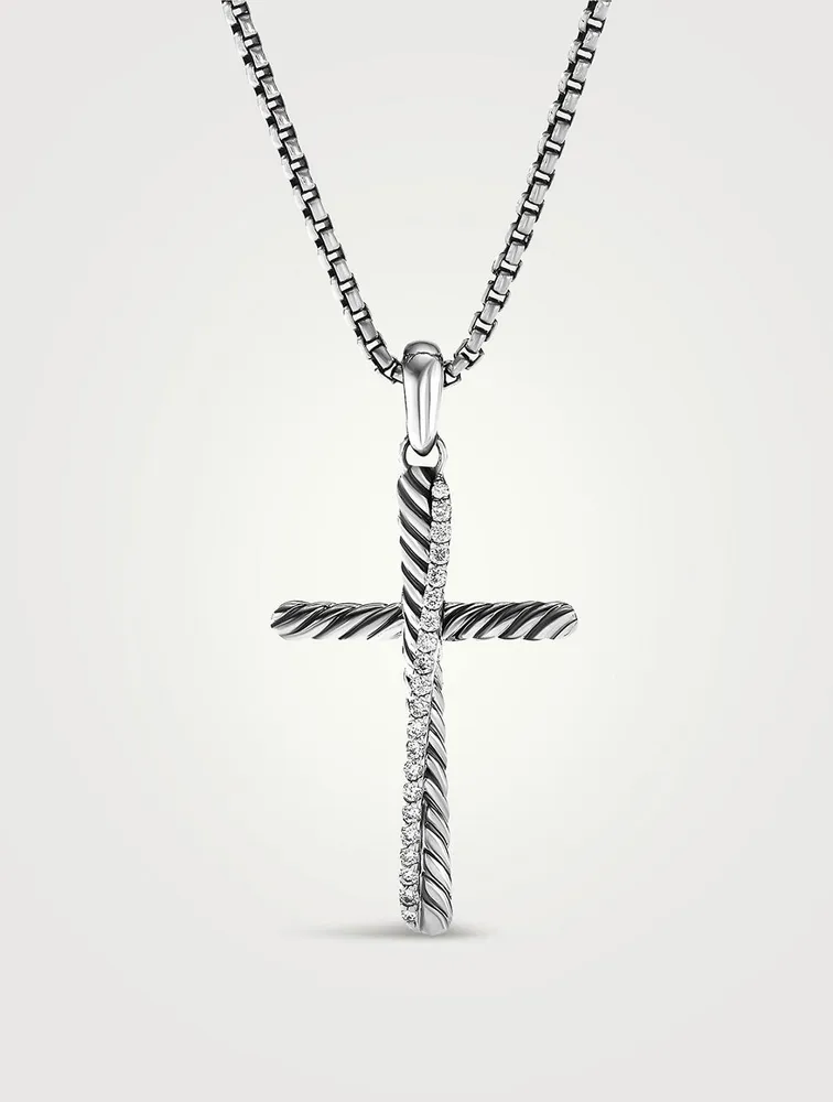 Crossover Cross Pendant In Sterling Silver With Pavé Diamonds