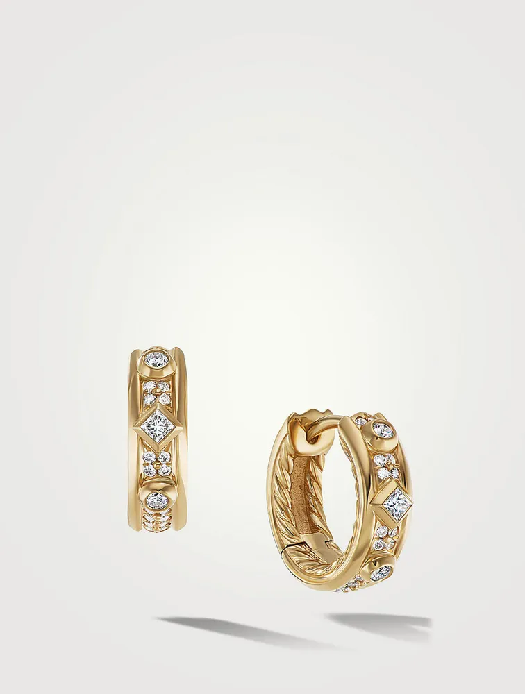 Modern Renaissance Huggie Hoop Earrings In 18k Yellow Gold With Full Pavé Diamonds