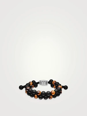 Spiritual Beads Two Row Woven Bracelet Black Onyx, Tiger’s Eye, Nylon And Sterling Silver, 8mm