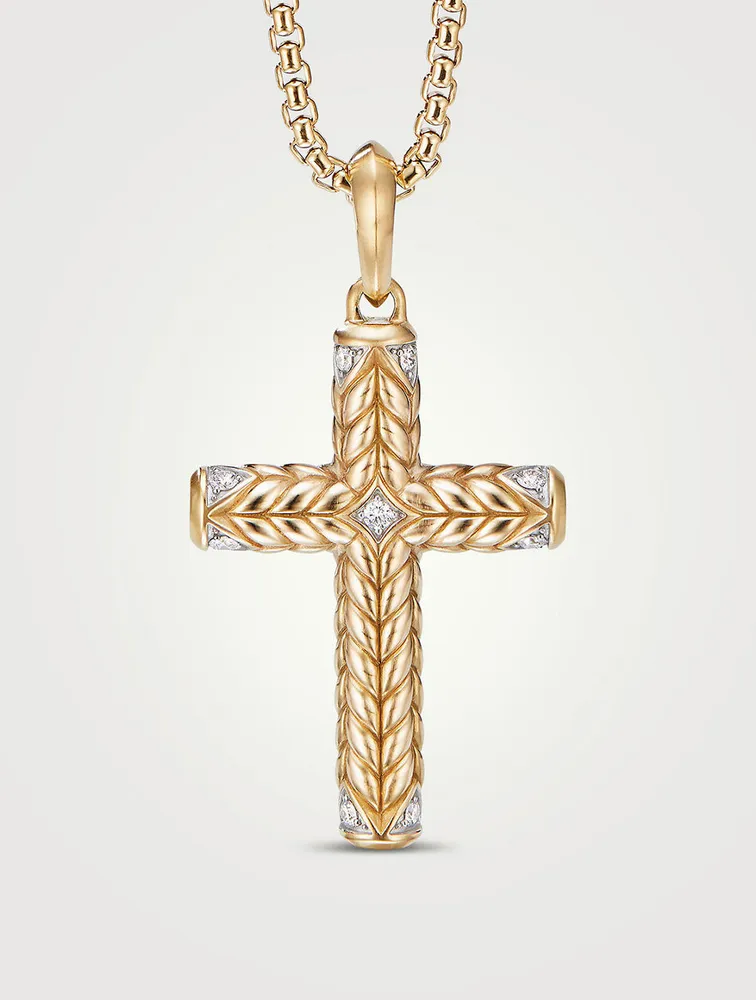 Chevron Sculpted Cross Pendant In 18k Yellow Gold With Pavé Diamonds