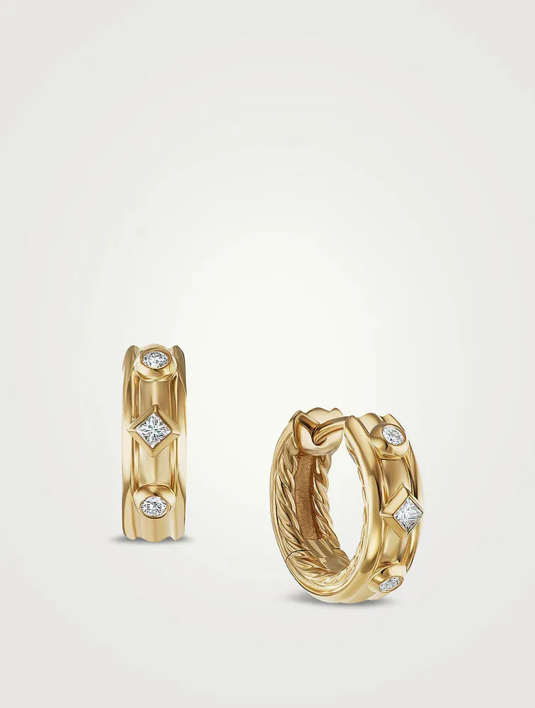 Modern Renaissance Huggie Hoop Earrings In 18k Yellow Gold With Diamonds
