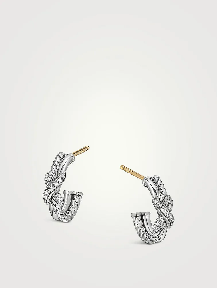 Petite X Hoop Earrings In Sterling Silver With Pavé Diamonds