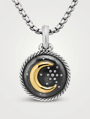 Moon And Star Amulet In Sterling Silver With 18k Yellow Gold And Diamonds, 21mm