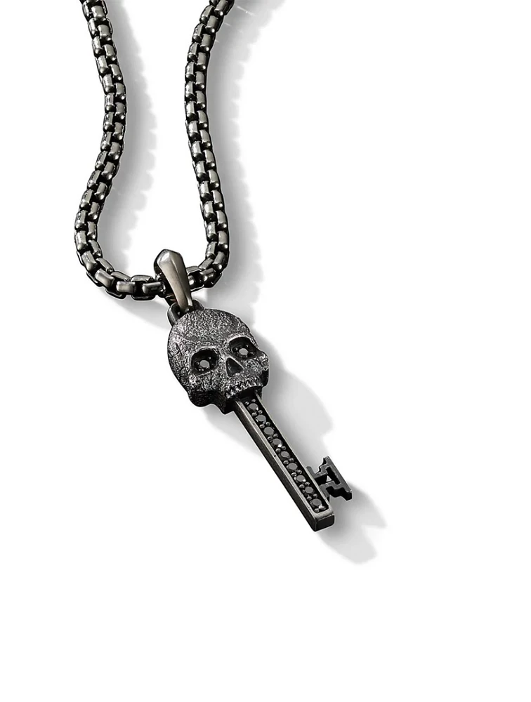 Memento Mori Skull Key Amulet In Sterling Silver With Pavé Black Diamonds