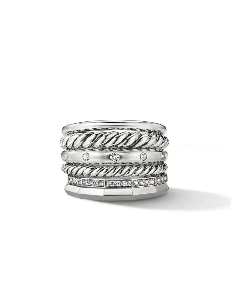 Stax Six Row Ring Sterling Silver With Pavé Diamonds