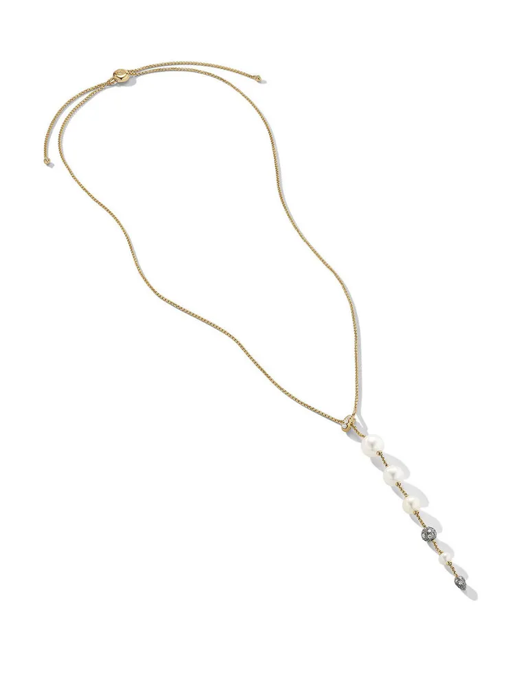 Pearl And Pavé Y Necklace In 18k Yellow Gold With Diamonds