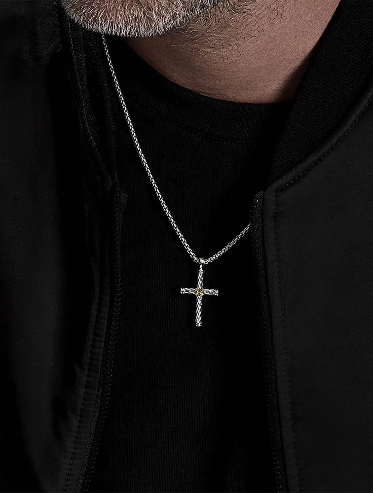 Cable Cross Pendant In Sterling Silver With 18k Yellow Gold
