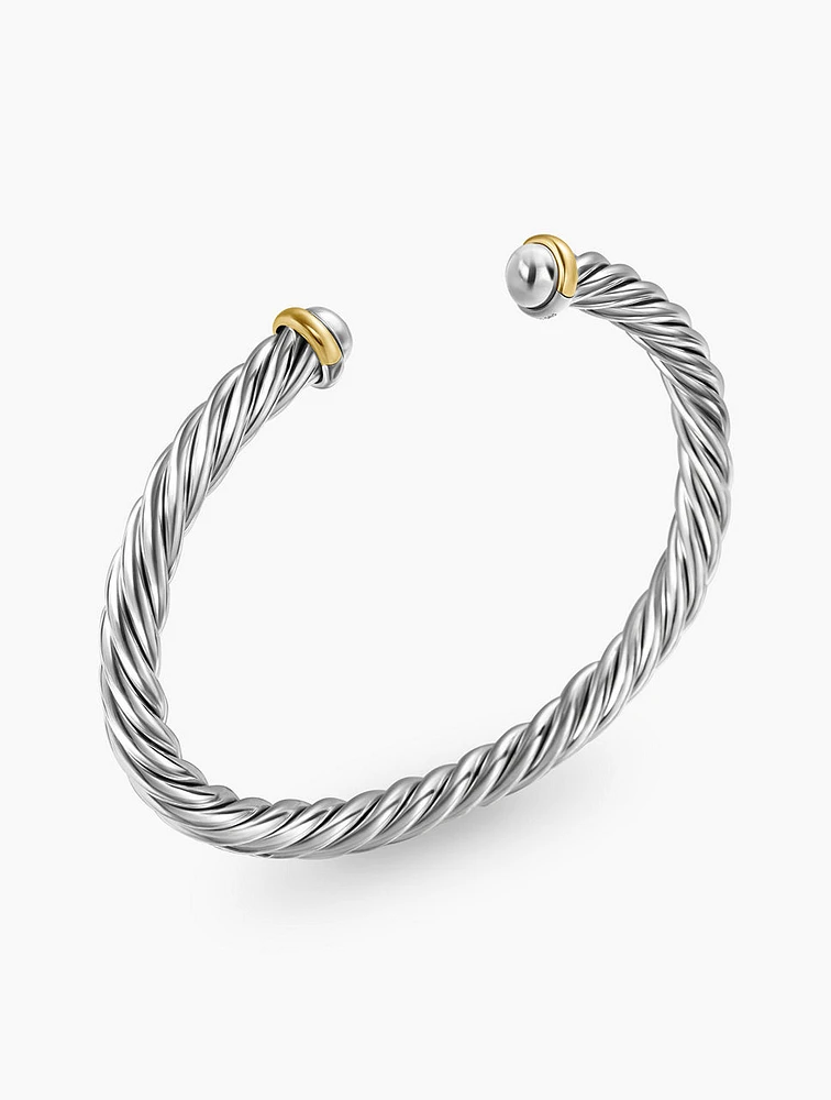 Cable Cuff Bracelet Sterling Silver With 14k Yellow Gold, 6mm