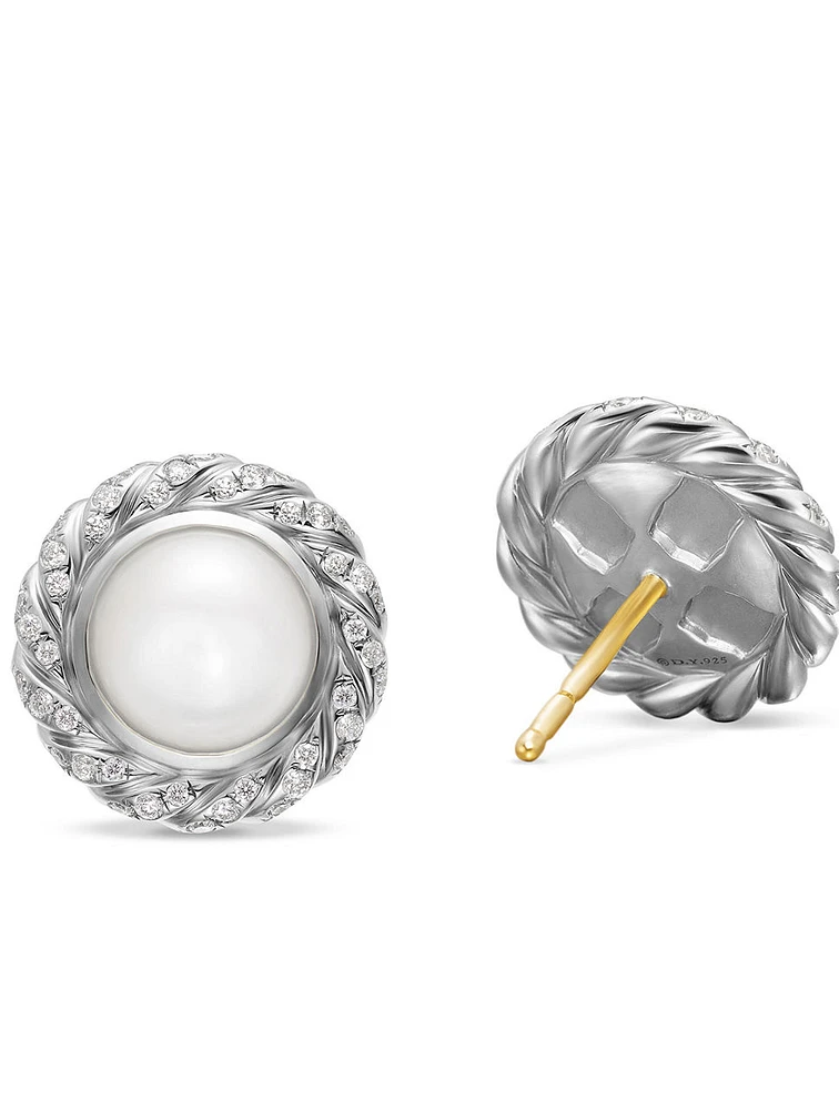 Pearl Classics Cable Halo Button Earrings In Sterling Silver With Diamonds, 13mm