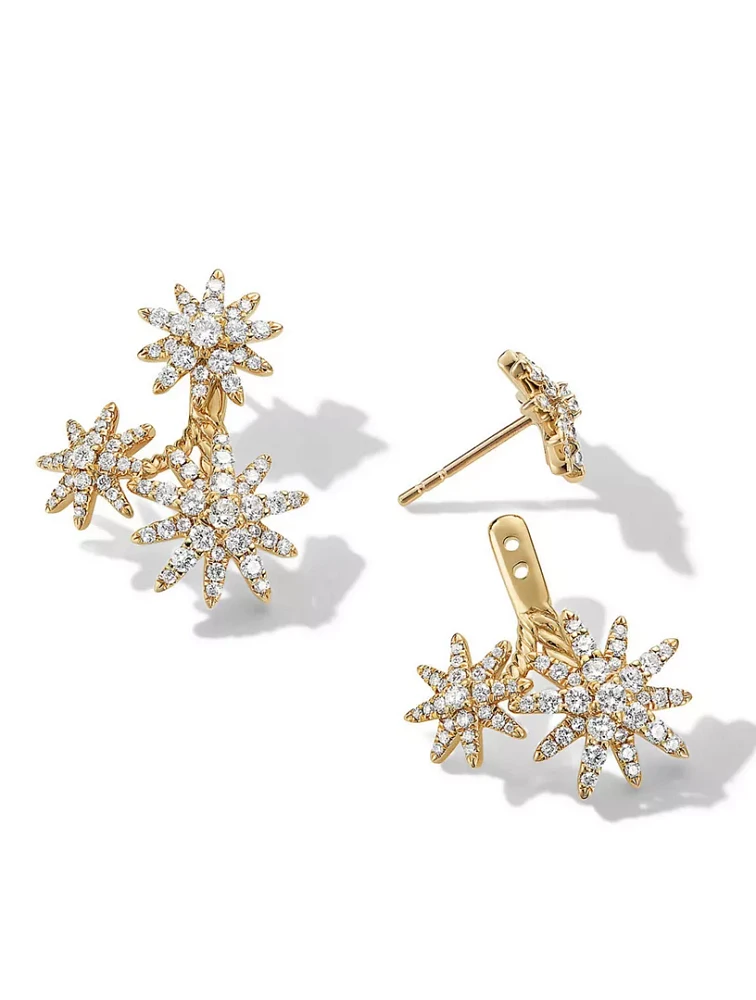 Starburst Cluster Drop Earrings In 18k Yellow Gold With Full Pavé Diamonds