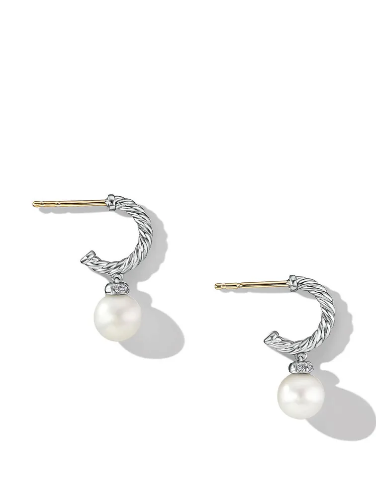 Pearl And Pavé Solari Drop Earrings In Sterling Silver With Diamonds