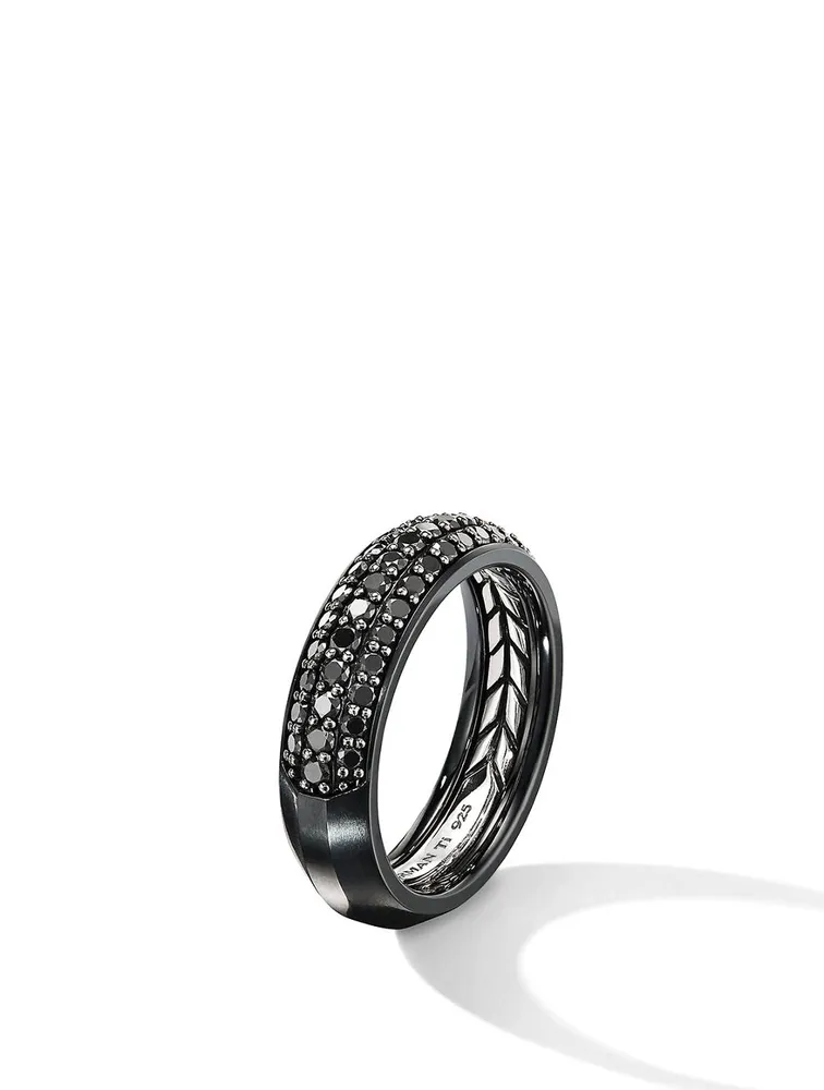 Beveled Band Ring Black Titanium With Half Pavé Diamonds