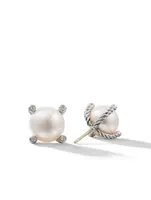 Cable Pearl Stud Earrings In Sterling Silver With Diamonds