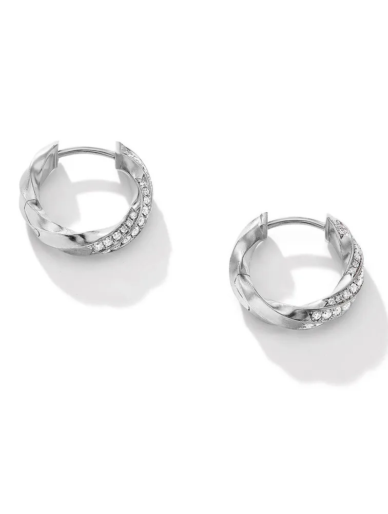 Cable Edge® Huggie Hoop Earrings In Sterling Silver With Pavé Diamonds