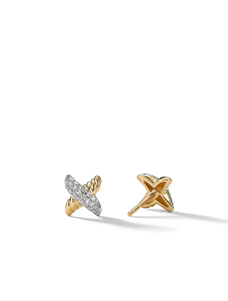 Petite X Stud Earrings In 18k Yellow Gold With Pavé Diamonds