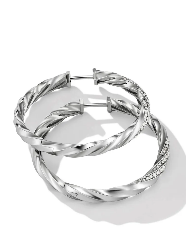 Cable Edge® Hoop Earrings In Sterling Silver With Pavé Diamonds