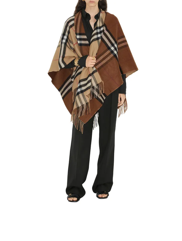 Contrast Check Wool Cashmere Cape