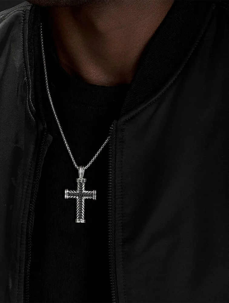 Chevron Cross Pendant In Sterling Silver With Pavé Black Diamonds