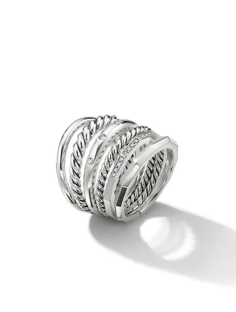 Stax Six Row Ring Sterling Silver With Pavé Diamonds