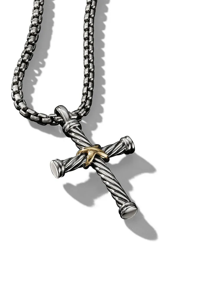 Cable Cross Pendant In Sterling Silver With 18k Yellow Gold