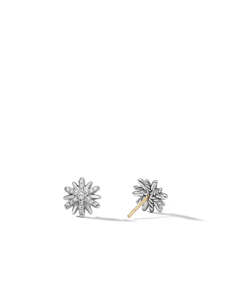 Petite Starburst Stud Earrings In Sterling Silver With Pavé Diamonds