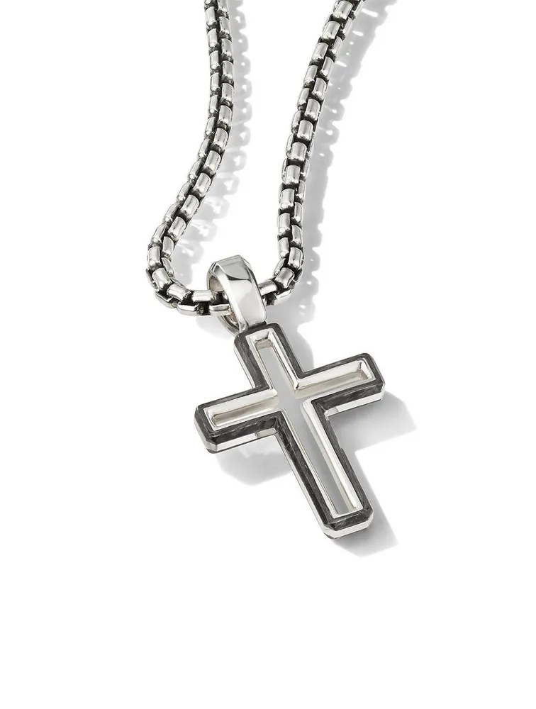 Forged Carbon Cross Pendant In Sterling Silver