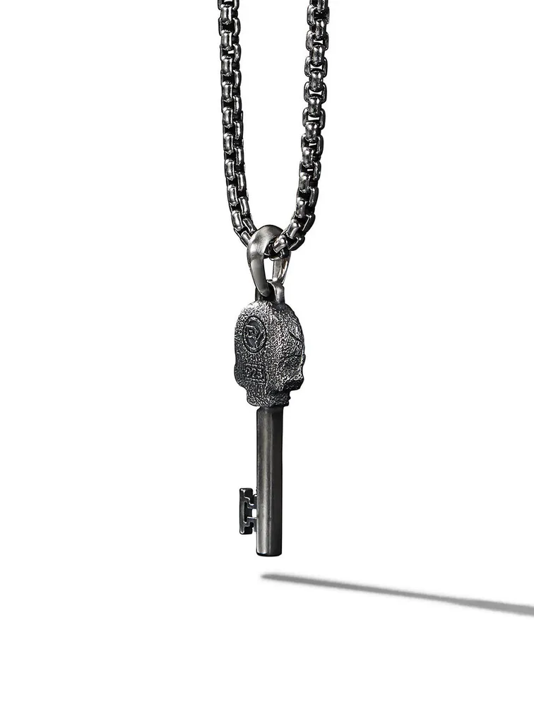 Memento Mori Skull Key Amulet In Sterling Silver With Pavé Black Diamonds