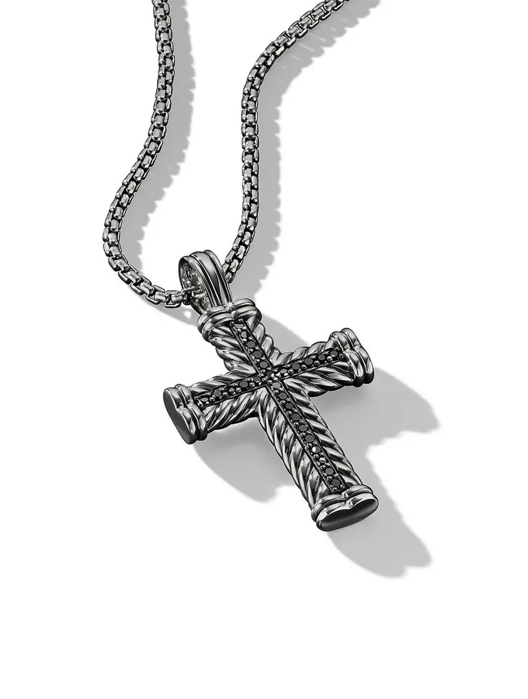 Chevron Cross Pendant In Sterling Silver With Pavé Black Diamonds