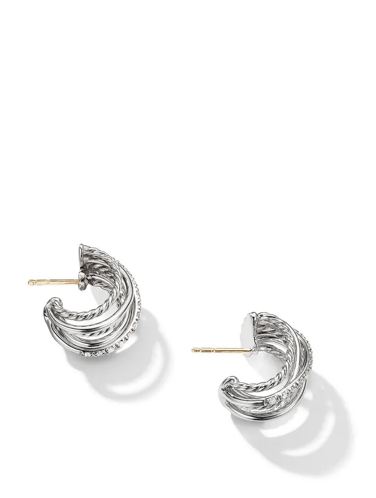 Crossover Shrimp Earrings In Sterling Silver With Pavé Diamonds