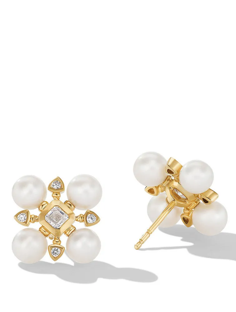 Renaissance Pearl Stud Earrings In 18k Yellow Gold With Diamonds