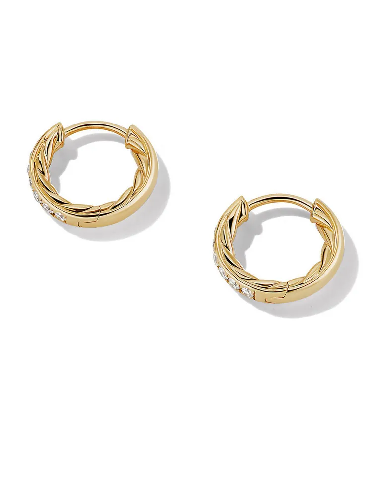 Sculpted Cable Huggie Hoop Earrings In 18k Yellow Gold With Pavé Diamonds