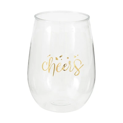 Gold "Cheers" Stemless Plastic Wine Glass, 15oz