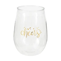 Gold "Cheers" Stemless Plastic Wine Glass, 15oz