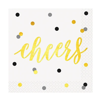 5" Foil Gold & Black "Cheers" Cocktail Napkins, 20 Count