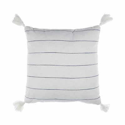 Square White and Black Slub Stripe Accent Pillow with Tassels