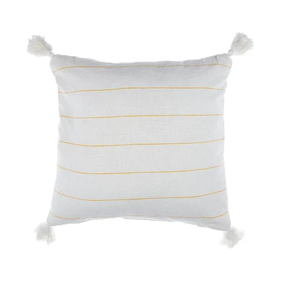 Square White and Gold Slub Stripe Accent Pillow with Tassels